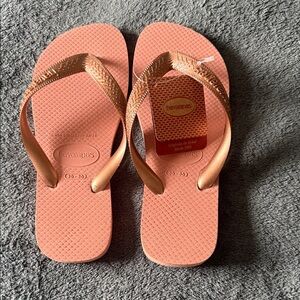 Havaianas Peach Flip Flops with Metallic Bronze Straps